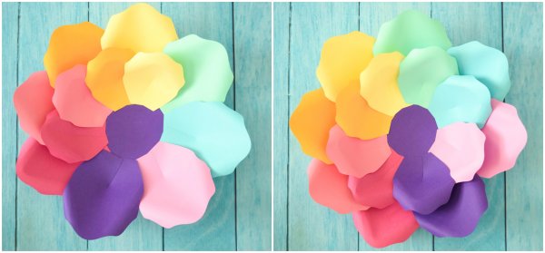 These side-by-side photos compare the second layer beginning to a completed second layer. The petals are in shades of pink, purple, red, and pink. All these petals will create an iris large rainbow paper flower. 