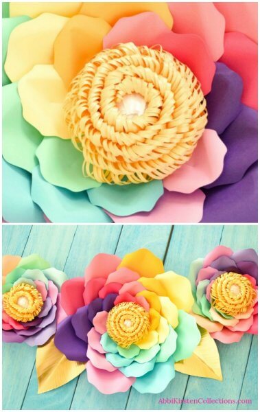 Large rainbow paper flowers are seen from overhead in a two-picture view. The top photo is a close up of the spiral pearl center nestled in a swirling petal rainbow. The picture below is of three finished swirl rainbow large paper flowers on a green wooden table. 