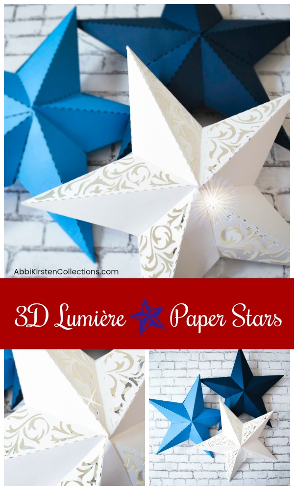 A collage of three images show a group of three 3D paper stars, two made with blue paper and one with white, with Christmas lights inside and ornate shapes cut from the paper.