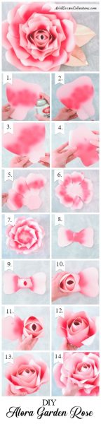 A panel of all 14 steps needed to make pink Alora paper flowers with “DIY Alora Garden Rose” written at the bottom. 