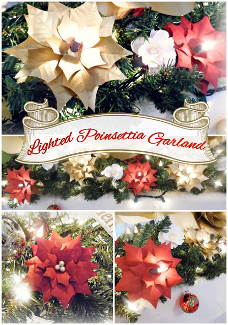 A collage of three images show a fireplace mantel lined with a Poinsettia paper garland created with red, white, and gold paper poinsettia flowers, intertwined with Christmas lights.