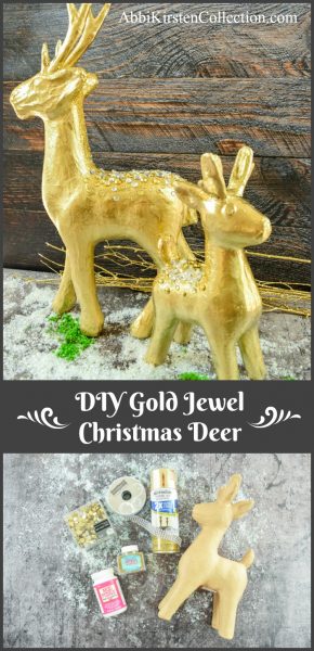 Two images showing the before and after of the gold jewel Christmas deer craft. 