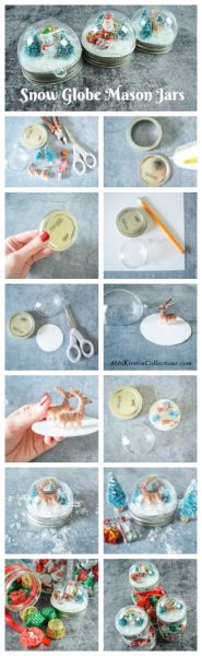 A DIY snowglobe mason jar craft pinnable graphic featuring step-by-step picture instructions. 