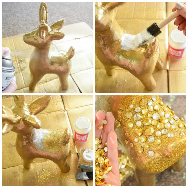 Four images showing the steps to spray paint, glitter and apply gems to the deer. 