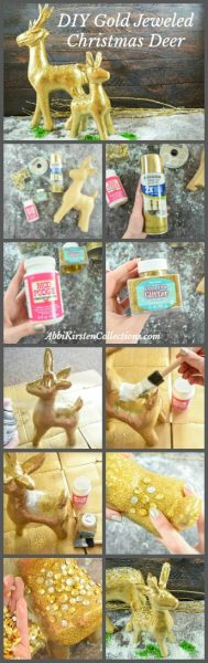An 11 image collage showing all of the supplies and steps in creating the DIY gold jeweled Christmas deer. 