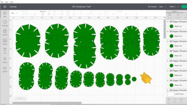 This Design Space screenshot shows 38 green flat layers plus all the yellow layers for the top star. This project works best with a cutting machine like Cricut. 