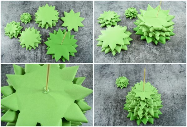 Four photos show an overhead view of how to build the 3D paper Christmas tree by adding each branch layer to a skewered stack going from largest to smallest. 