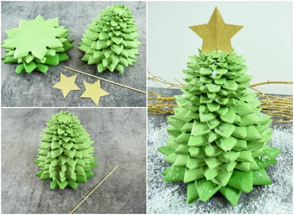 The top photo is a closeup of 3D paper Christmas tree layers, two yellow star layers, and a bamboo skewer. The second photo shows a fully built Christmas tree, and the third photo is a closeup of a completed tree with a gold star topper. Branches and fake snow are added around the paper tree to set the scene. 