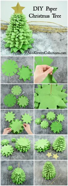 This eleven-picture graphic shows close-ups of each step needed to build a paper Christmas tree with a skewer base and a gold star topper. The tabletop is gray and the first picture also has synthetic snow and tan branches as background decoration. 