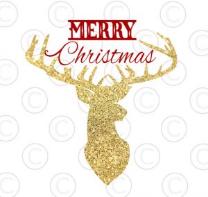 A golden silhouette of a reindeer head and shoulders with Merry Christmas written above it in red. The holiday templates are available on Abbi Kirsten's website. 