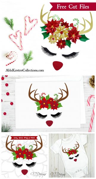 Four pictures depicting variations of the free holiday reindeer template craft ideas. The flowered antlers with eyelashes and a red  nose can be used on baby clothes, t-shirts, cards and more. 