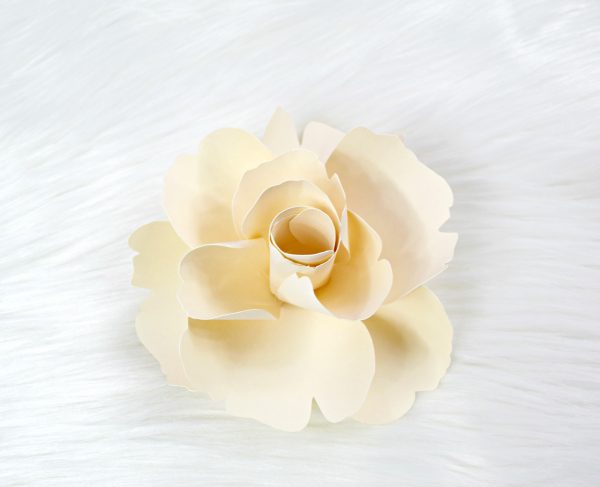 The finished center bud of the  Bella Rose is finished as demonstrated in this DIY paper flower tutorial