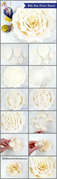 The entire Bella Rose paper flower tutorial is depicted in single photographs showing each stage of assembling. 