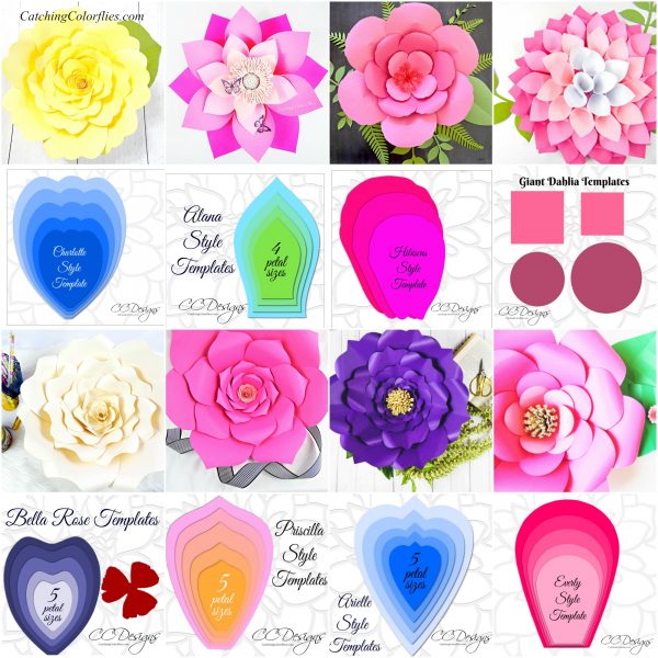 A graphic full of pictures from Abbi Kirsten's book, "The Art of Giant Paper Flowers," including finished flowers and pieces needed for assembly. 