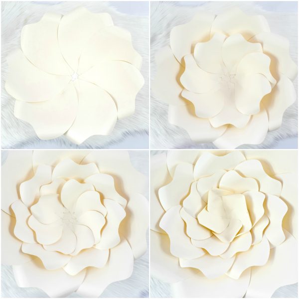 Each of the bottom layers of a giant papercraft Bella rose are added step by step in this four picture collage. 