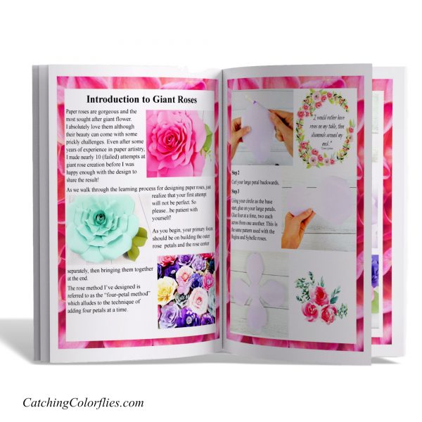 Abbi Kirsten's book "The Art of Giant Paper Flowers" is open to the "Introduction to Giant Roses" page, showing colorful pictures of paper flowers and clear instructions on how to construct them. 