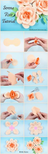 A large DIY paper rose step-by-step picture tutorial. Each square photo in the collage shows a step in the process of making a paper serena rose. 