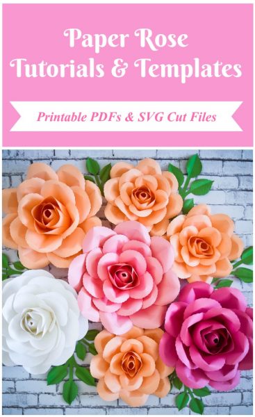 A graphic poster featuring a photograph of serena paper roses on a gray brick background. A pink rectangle on top says "paper rose tutorials and templates, printable PDFs and SVG cut files" in white. 