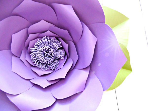 A close-up of a purple flower made of layers of paper. Cricut can be used with Abbi Kirsten templates to make huge paper flowers. 