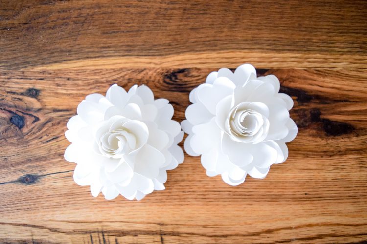 A pair of small white paper pomander flowers sit side-by-side on a wooden surface.