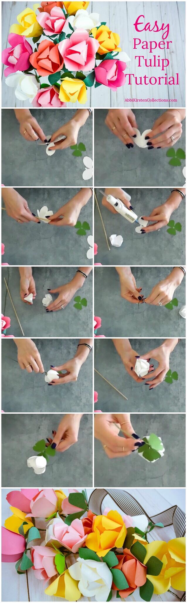 A collage of images showing every step of making paper tulip flowers. Text on the image says "easy paper tulip tutorial"