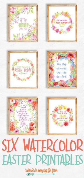 Six different pastel watercolor printable framed with wooden frames. There is multicolored text image overlay that reads "six watercolor easter printables". 