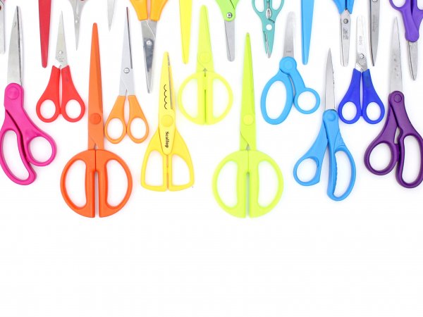 Scissors of all shapes and sizes are lined up, some pointing up and some pointing down. They are arranged in rainbow order based on the colorful handles. 