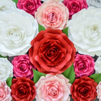 An overhead view of white, red, pink, and peach giant paper alora roses. Green leaves peek through the petals. You can get the Alora rose paper flower template and tutorial on abbikirstencollections.com. 