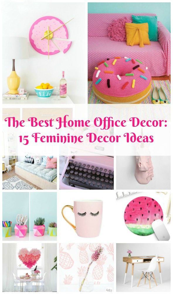A collage of different feminine home office decor ideas, from desk decor to wall decor, office supplies, pillows, wallpaper, and more.