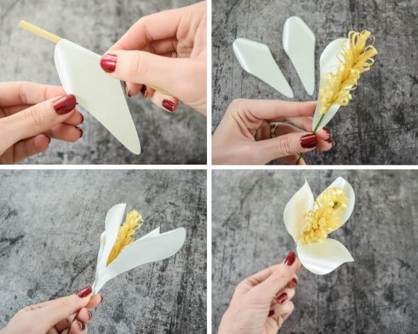 A collage of four images showing the first steps to making Magnolia Paper Flowers. A woman's hands with red painted finger nails wraps white flower petals around a thin wooden dowel.