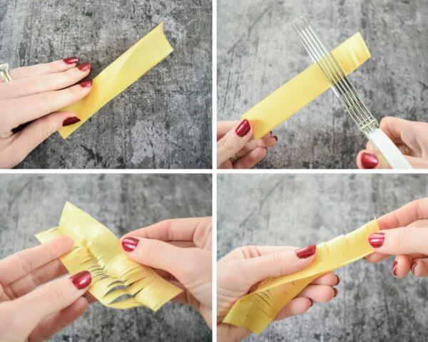 A collage of four images that show a woman's hand using fringe scissors to create the center of the Magnolia flower.