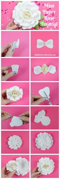 A collage of images showing each step of a DIY paper rose tutorial.