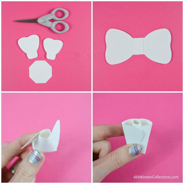 A collage of images showing the first few steps of creating a DIY paper rose. 