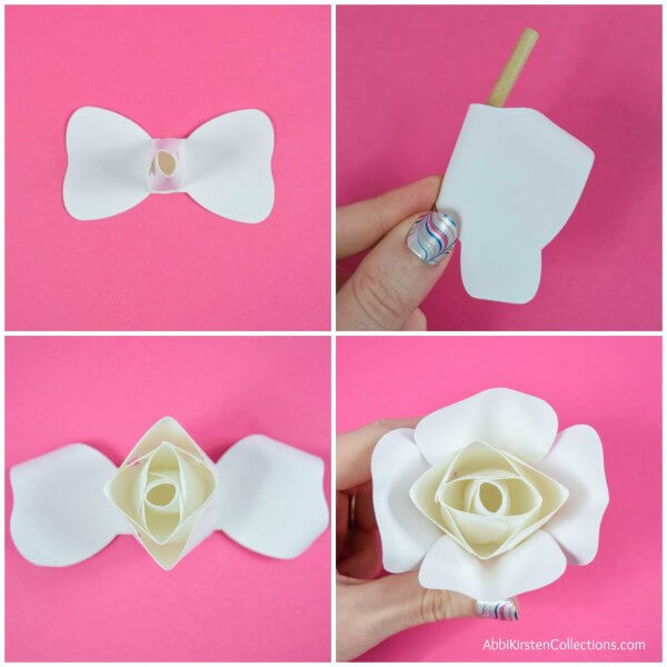 A collage of images showing how to curl the edges of a DIY paper rose with a wooden dowel. 