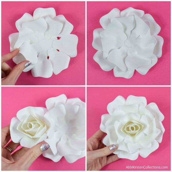A series of photos showing the final steps of assembling a DIY paper rose. 