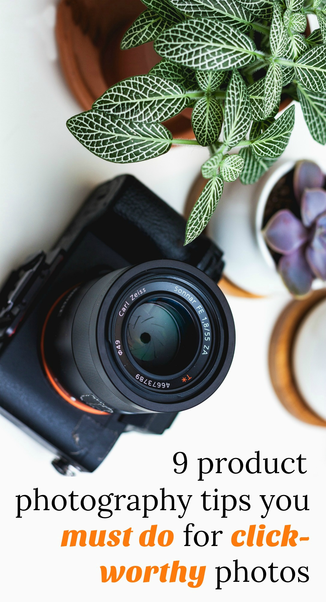 An image focused on a DSLR camera with a detachable lens. Text across the image says, "9 product photography tips you must do for click-worthy photos"