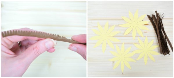 Two side-by-side images showing a frayed piece of brown paper, then stacks of frayed brown construction paper strips next to yellow paper sunflower cutouts.