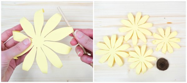 Two side-by-side images showing how to shape the petals of a yellow paper sunflower. Use a small wooden dowel to roll the tips of the sunflower petals.