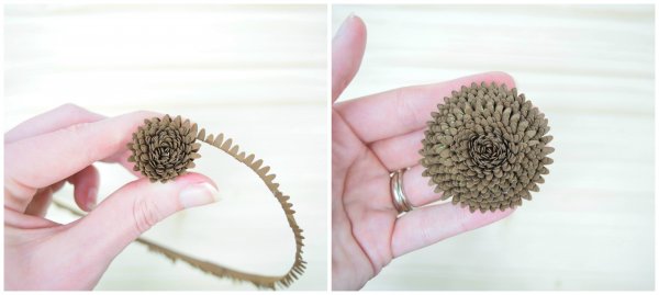 Two side-by-side images showing the process of making the center of a paper sunflower: frayed strips of brown paper rolled into a perfect sunflower center.