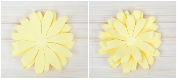 Two side-by-side images of yellow paper sunflower petals stacked on top of each other.