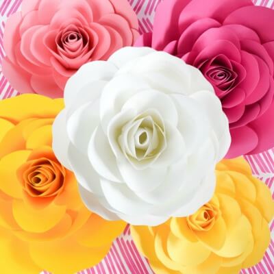 Four paper roses are pictured against a pink background. The flowers are made from shades of pink, yellow, and white paper.
