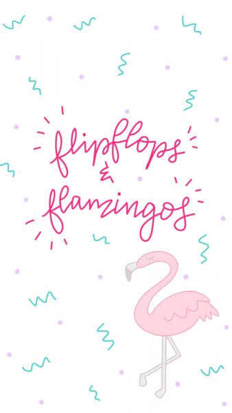 A summer themed phone wallpaper features an illustration of a flamingo surrounded by little teal colored squiggles. Pink text across the top says "flip flops & flamingos"