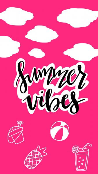A summer vibes phone wallpaper has a pink background, clouds, and little drawings of a sand bucket, pineapple, beachball, and a cold drink.