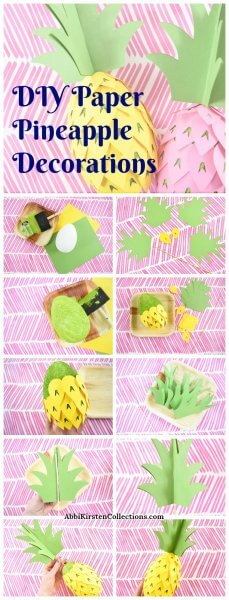 An eleven-picture graphic showing the steps needed to create a paper pineapple for any luau or party. The text on the top picture reads "DIY Paper Pineapple Decorations."