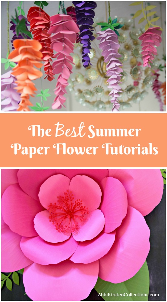 A Pinterest graphic showPaper wisterias hang from a ceiling in the top photo, and a close-up of a paper flower in the bottom photo. The center text reads, “The Best Summer Paper Flower Tutorials.”ing hanging 