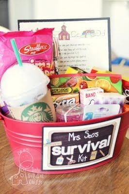 This teacher survuval kit comes with everything a teacher needs to make it through the start of a school year - coffee, treats, and supplies all packed into a galvanized steel bucket.