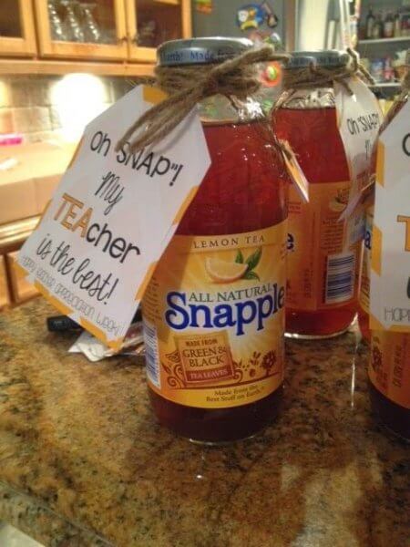 A bottle of Snapple with a cute back-to-school gift tag attached is a sweet gift for students or teachers at the start of a new year.