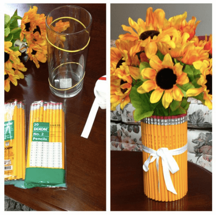 A vase lined with classic Number 2 pencils, and filled with sunflowers. The perfect back to school gift for a teacher!