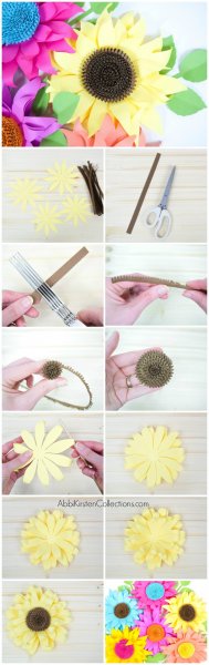 A collage of images showing all the steps to make colorful paper sunflowers.