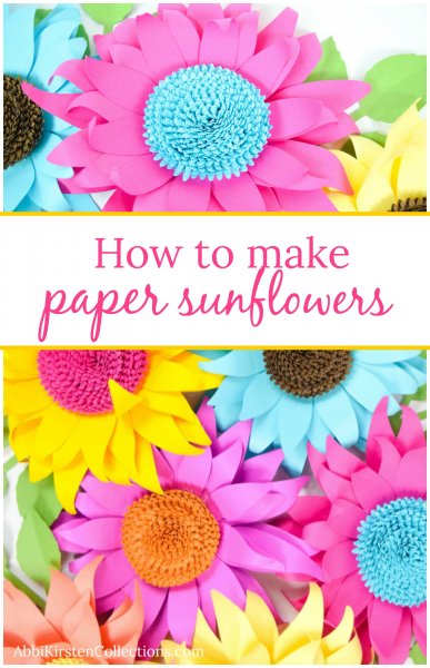 Two stacked images of large, colorful paper sunflowers made with yellow, blue, and purple paper. Image text overlay reads "how to make paper sunflowers"